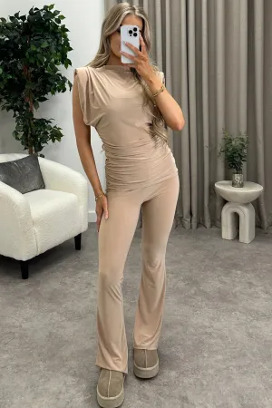Amanda Beige Slinky Ruched Top and Fold Over Wide Leg Trousers Co-Ord Set
