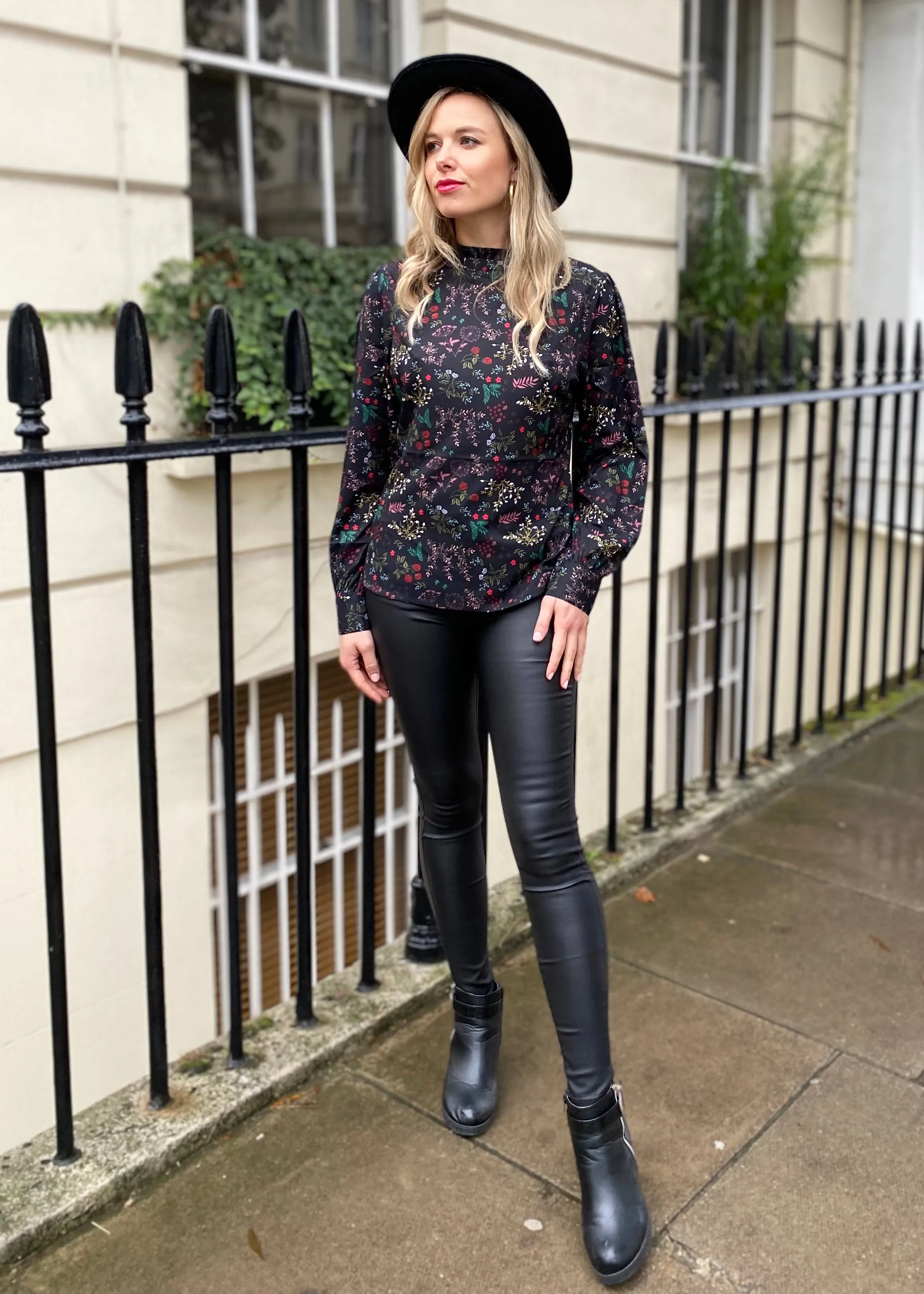 Black Floral Print Long Sleeve Blouse