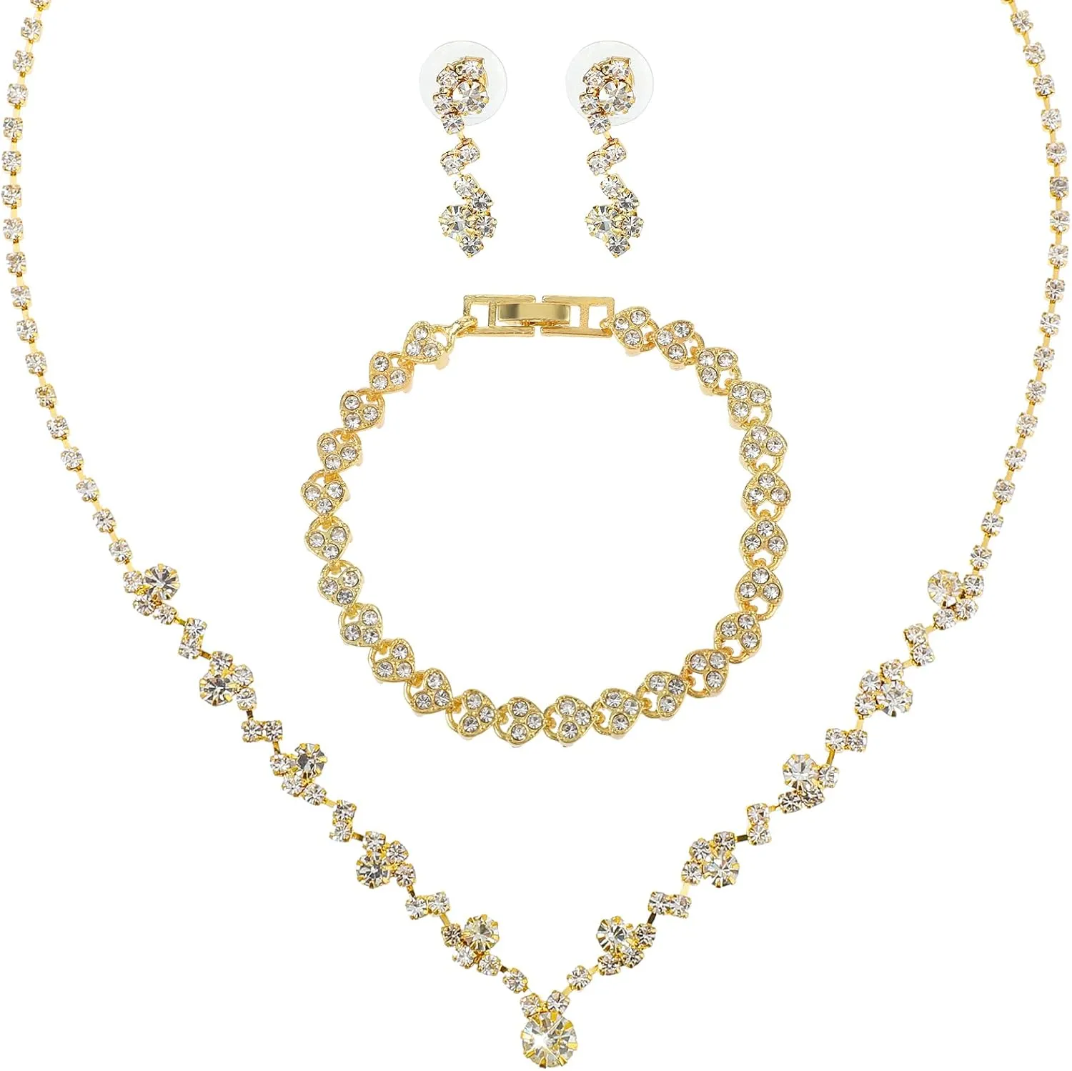 Bridal Wedding Jewelry Set Rhinestone Include Necklace Earrings Bracelet Brides Bridesmaid Prom Costume for Women