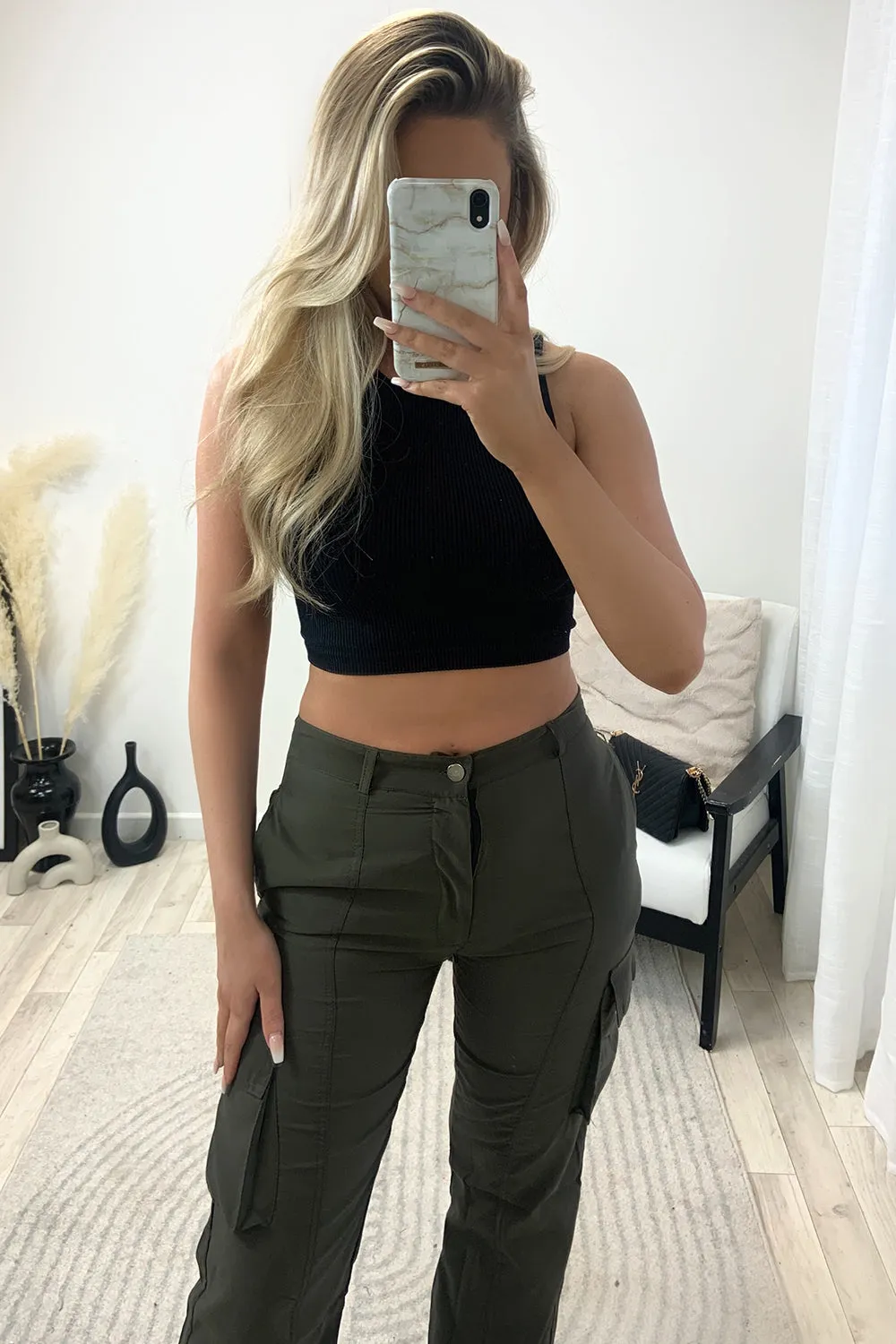 Elsie Khaki Pocket Detail Wide Leg Cargo Trousers