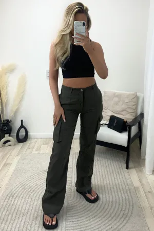 Elsie Khaki Pocket Detail Wide Leg Cargo Trousers