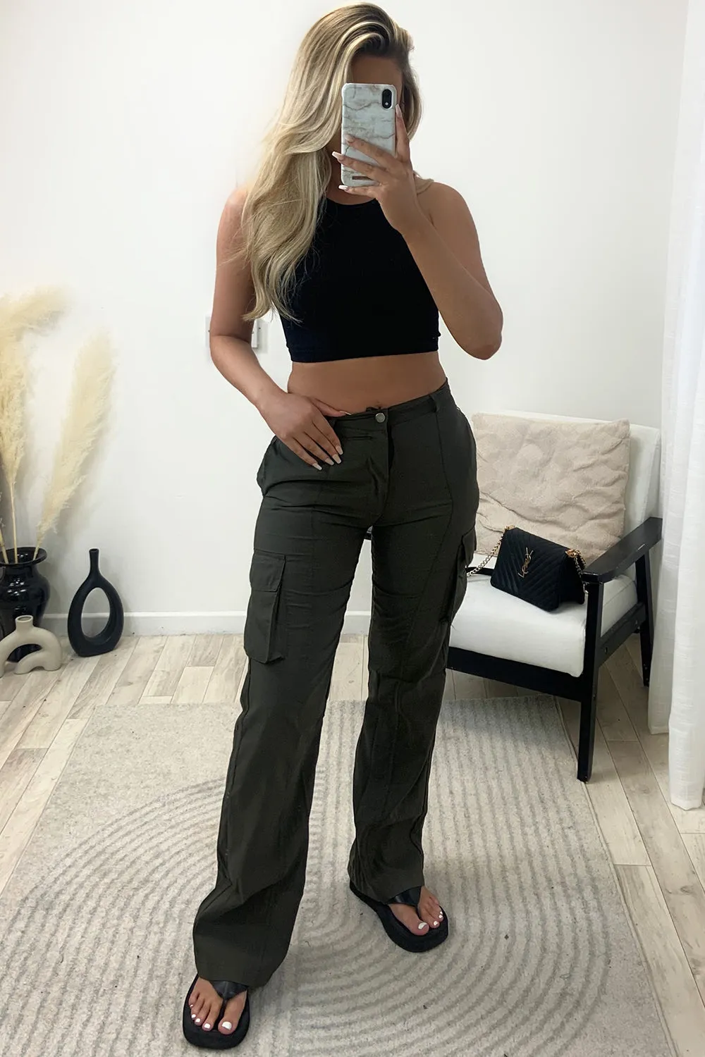 Elsie Khaki Pocket Detail Wide Leg Cargo Trousers