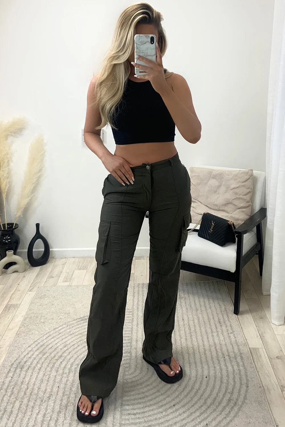 Elsie Khaki Pocket Detail Wide Leg Cargo Trousers
