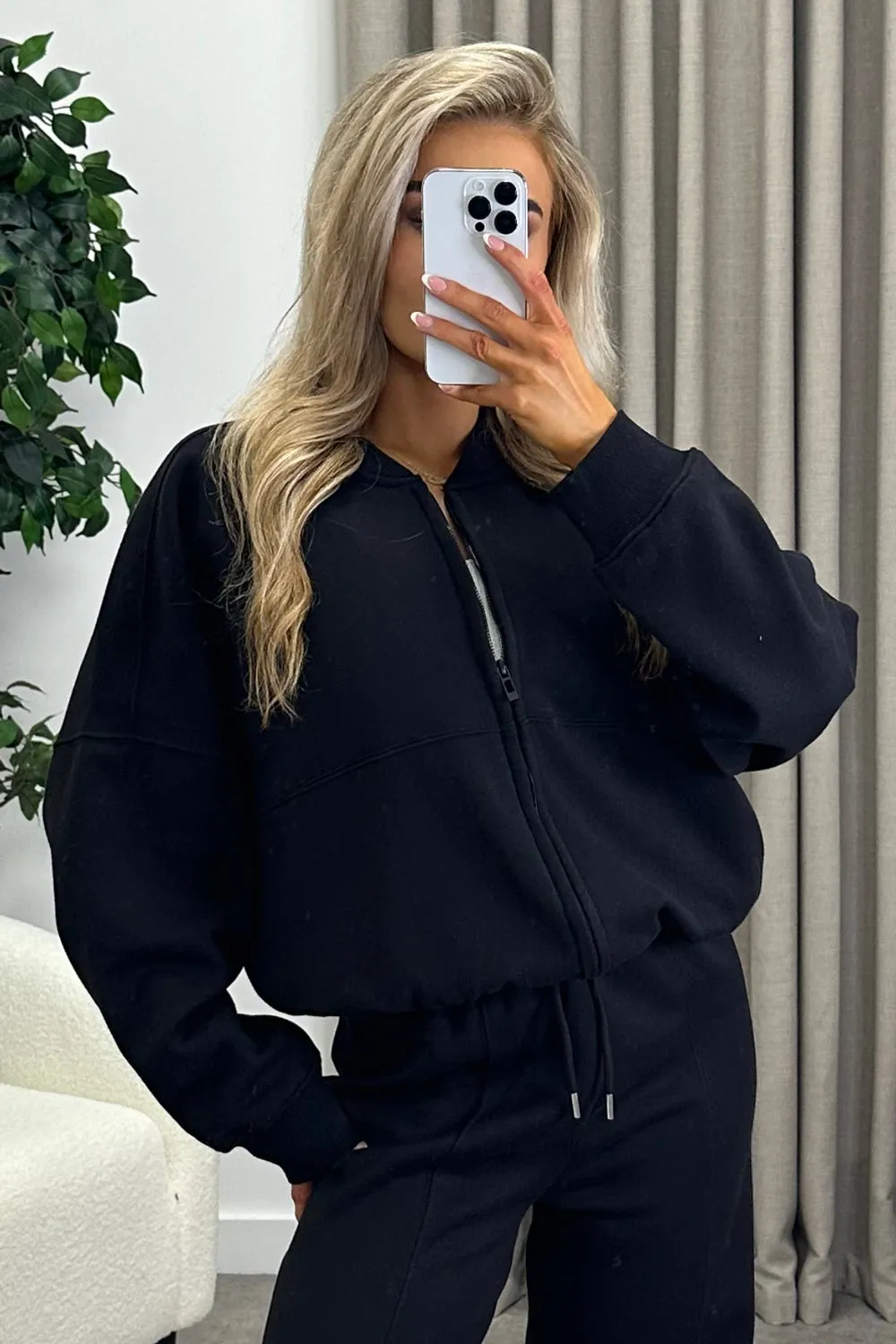 Emellie Black Seam Front Zip Up Bomber Jacket and Joggers Tracksuit Set
