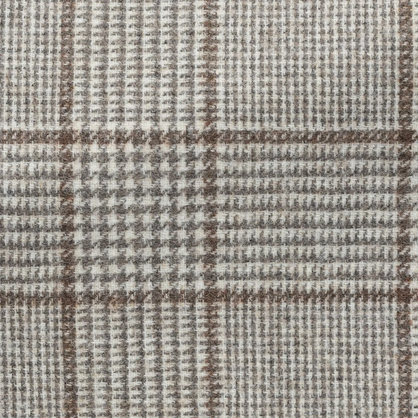 Ferla Taupe Alpaca & Merino Wool Blend Houndstooth with Brown Overcheck