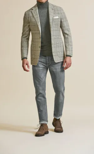 Ferla Taupe Alpaca & Merino Wool Blend Houndstooth with Brown Overcheck