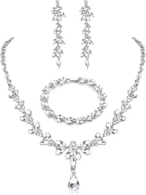 FIASASO Prom Jewelry Set Necklace Dangle Earrings Bracelet Bride Bridesmaid Crystal Bridal Jewelry Set for Wedding Rhinestone Engagement Party Prom Jewelry Set for Women