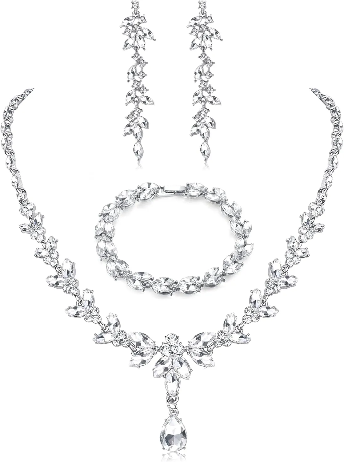 FIASASO Prom Jewelry Set Necklace Dangle Earrings Bracelet Bride Bridesmaid Crystal Bridal Jewelry Set for Wedding Rhinestone Engagement Party Prom Jewelry Set for Women