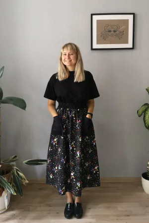 Fun, Comfy and Versatile Special Design Wide Midi Skirt in Black Cotton Fabric with Colorful Dots and Contrasting Black Pockets in One Size Fits Most- A Minimalist Dream