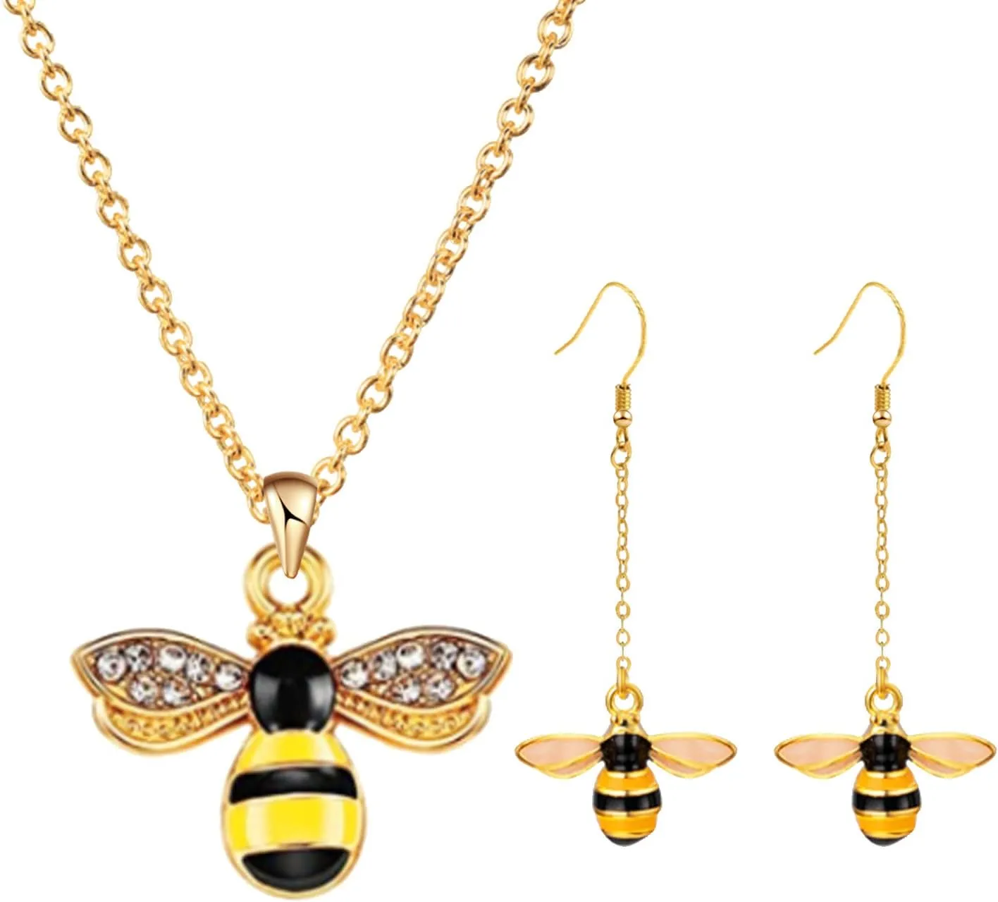 Gold Plated Luxury Enamel Crystal Bumblebee Jewelry Sets Animal Bee Rhinestone Pendant Necklace Drop Earrings Fashion Wedding Set for Women