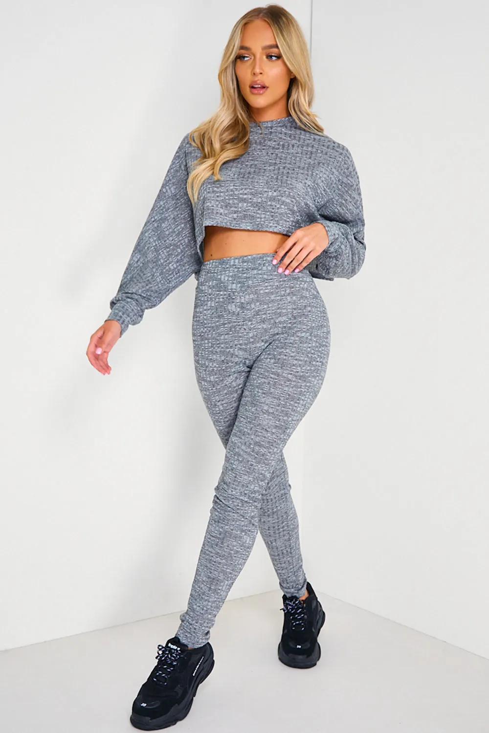 Grey Ribbed Batwing Crop Top and Leggings Loungewear Set