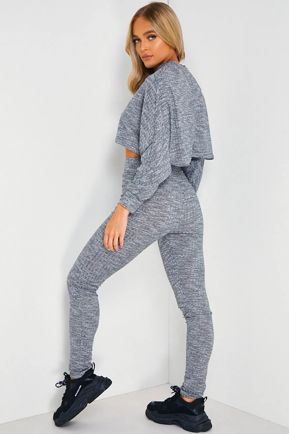 Grey Ribbed Batwing Crop Top and Leggings Loungewear Set
