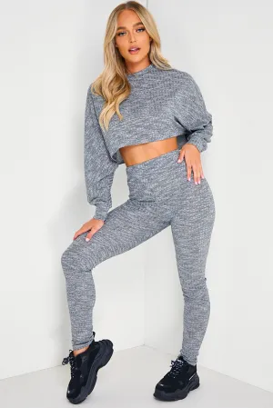 Grey Ribbed Batwing Crop Top and Leggings Loungewear Set