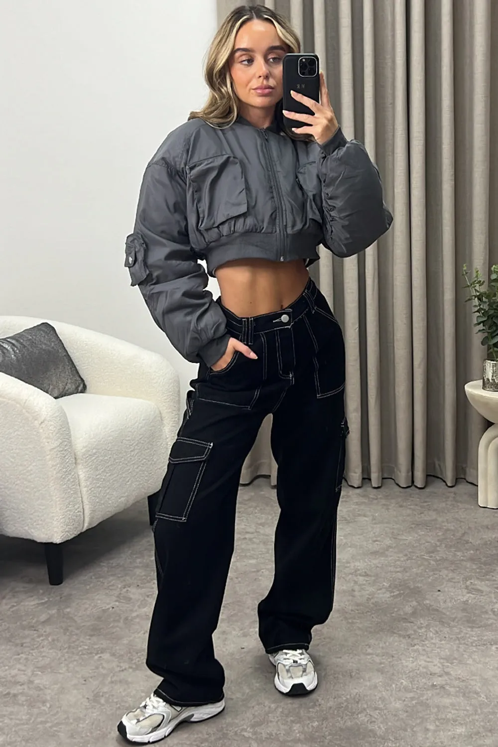 Ilana Grey Ruched Sleeve Utility Pocket Cropped Bomber Jacket