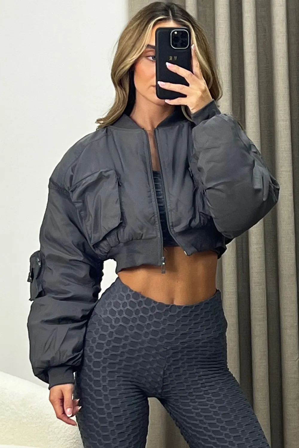 Ilana Grey Ruched Sleeve Utility Pocket Cropped Bomber Jacket