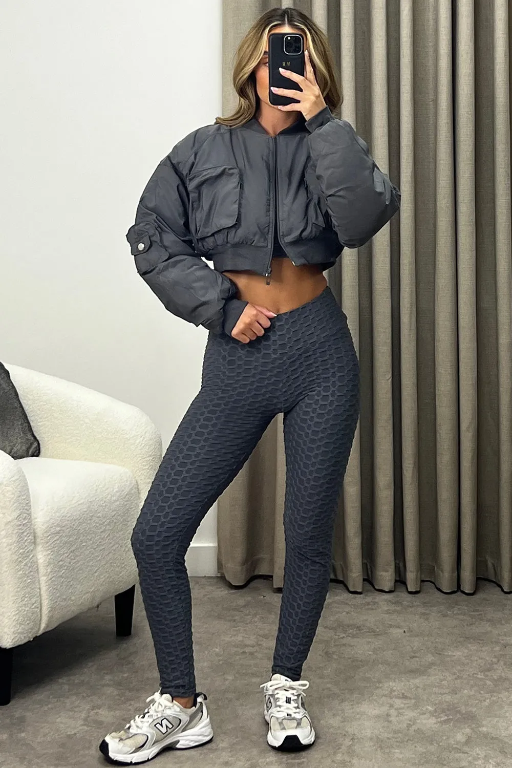 Ilana Grey Ruched Sleeve Utility Pocket Cropped Bomber Jacket