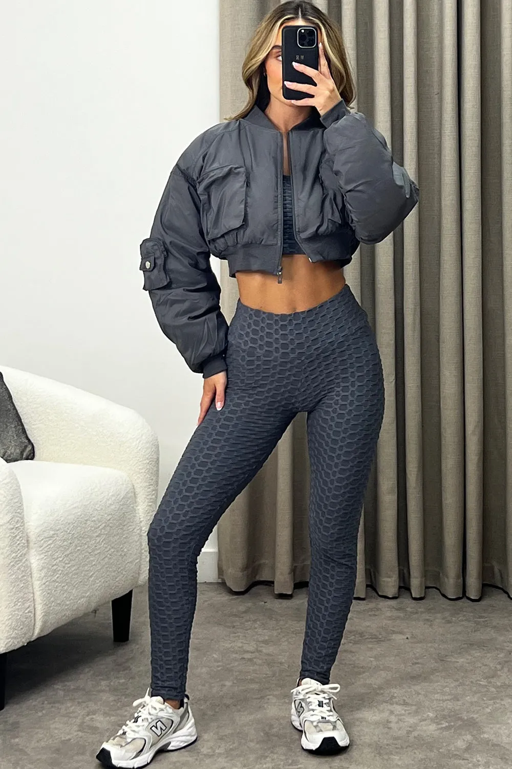 Ilana Grey Ruched Sleeve Utility Pocket Cropped Bomber Jacket