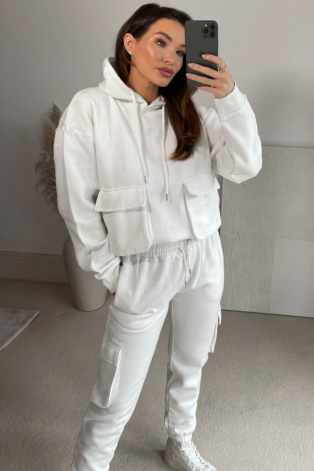 Izia White Utility Cargo Oversized Hoodie and Joggers Tracksuit Set