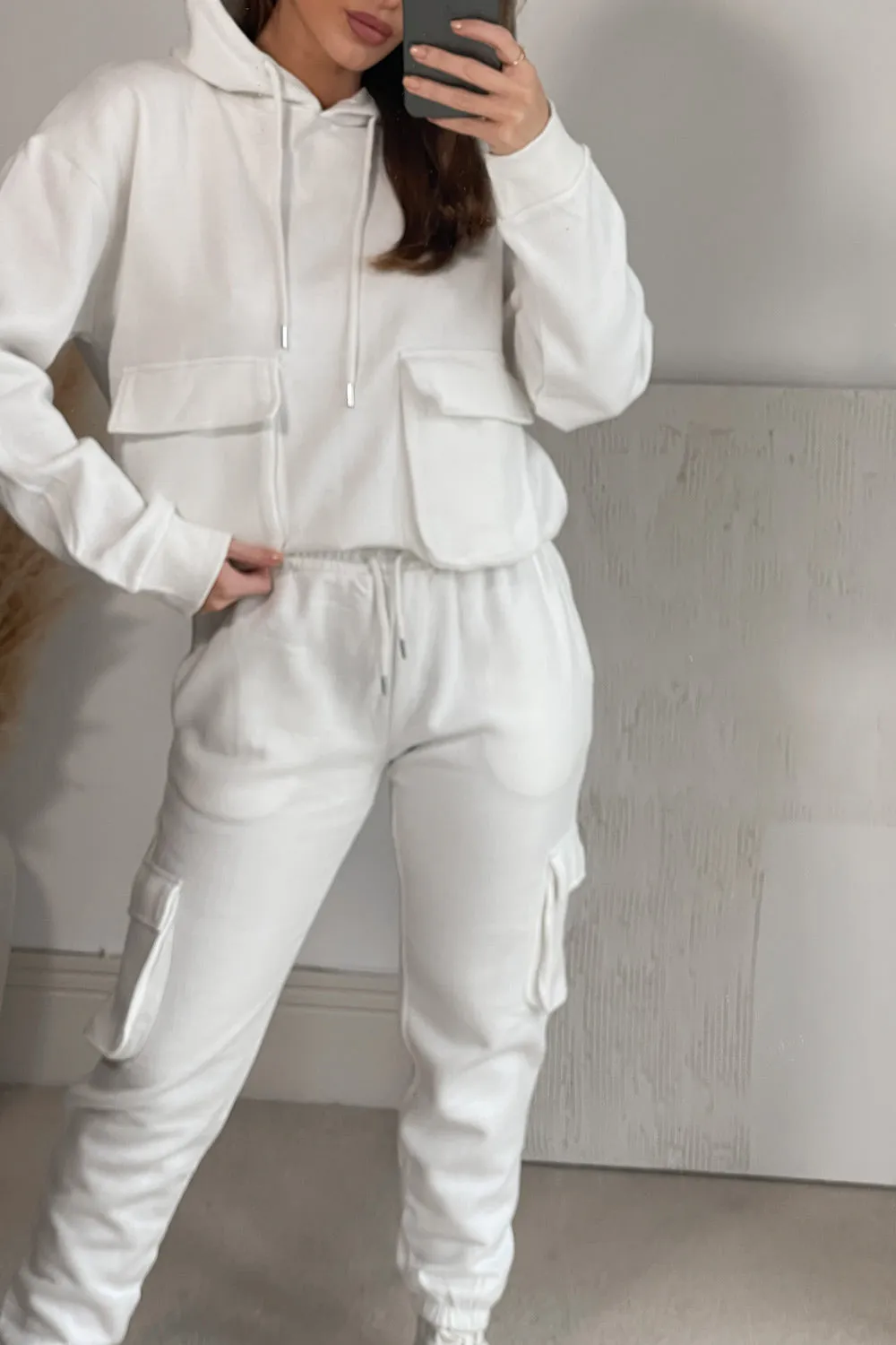 Izia White Utility Cargo Oversized Hoodie and Joggers Tracksuit Set