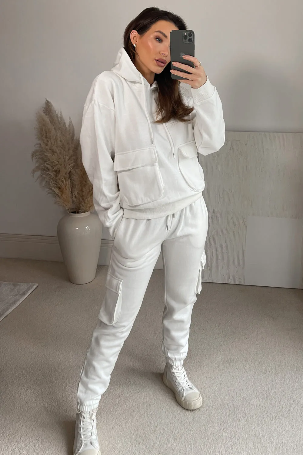 Izia White Utility Cargo Oversized Hoodie and Joggers Tracksuit Set