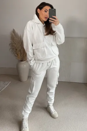 Izia White Utility Cargo Oversized Hoodie and Joggers Tracksuit Set