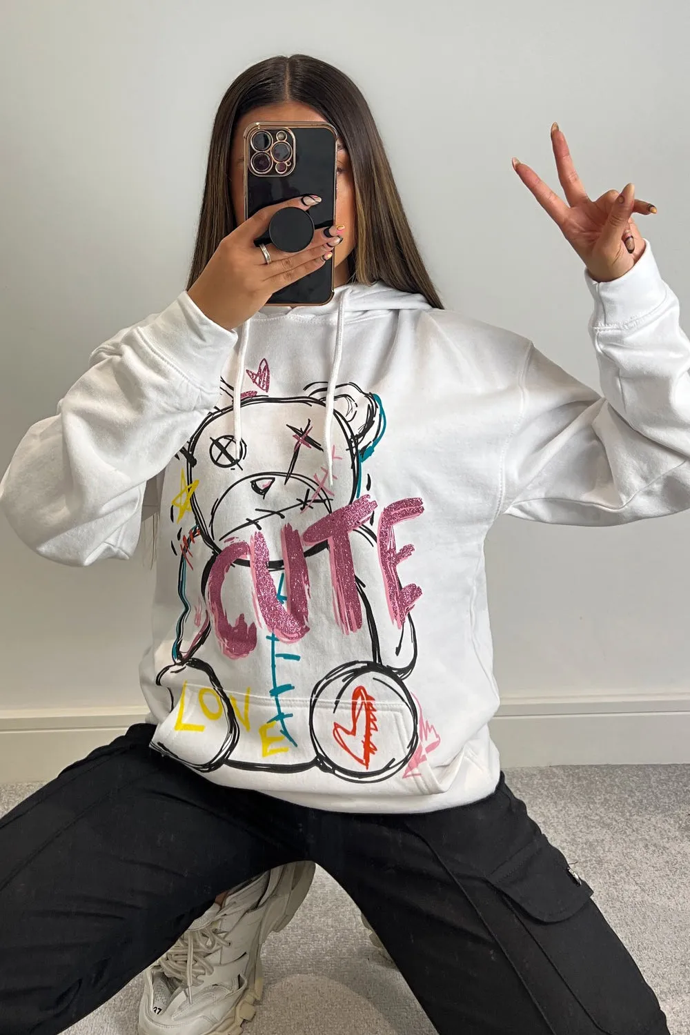 Kenzie White Cute Teddy Graphic Print Oversized Hoodie
