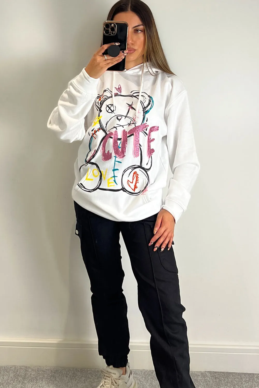 Kenzie White Cute Teddy Graphic Print Oversized Hoodie
