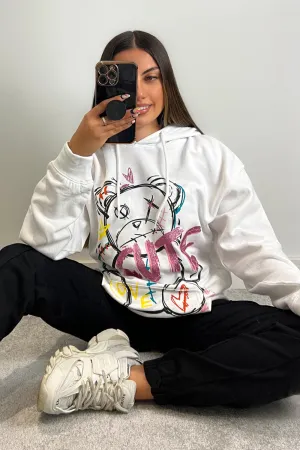 Kenzie White Cute Teddy Graphic Print Oversized Hoodie