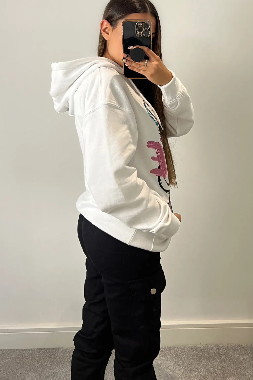 Kenzie White Cute Teddy Graphic Print Oversized Hoodie