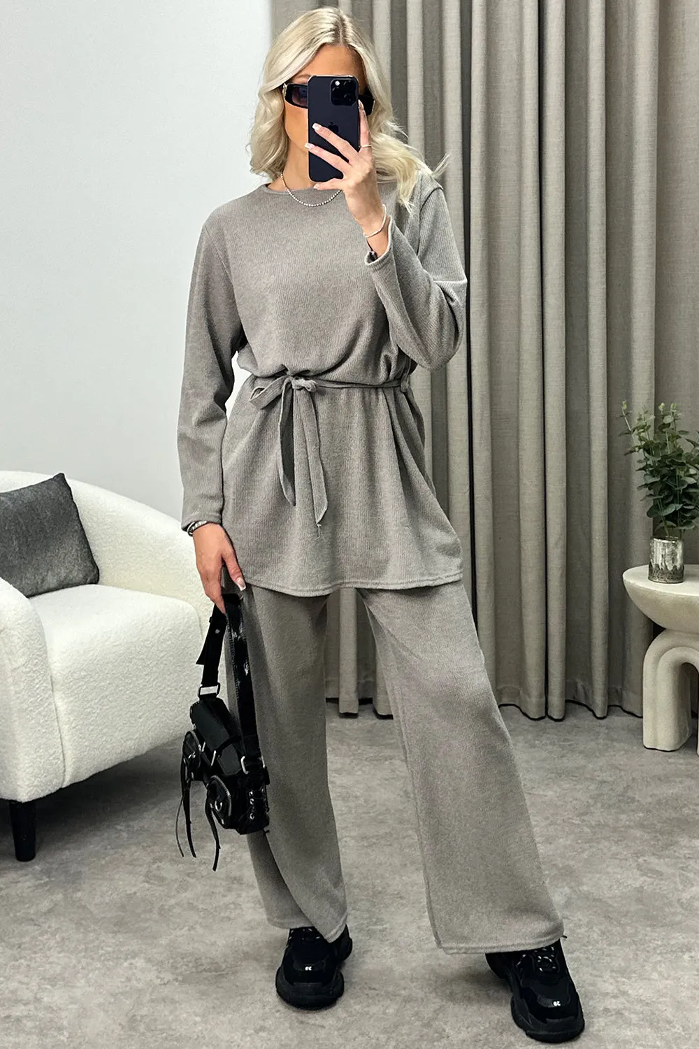 Kourtney Grey Tie Belted Top and Trousers Knit Loungewear Set