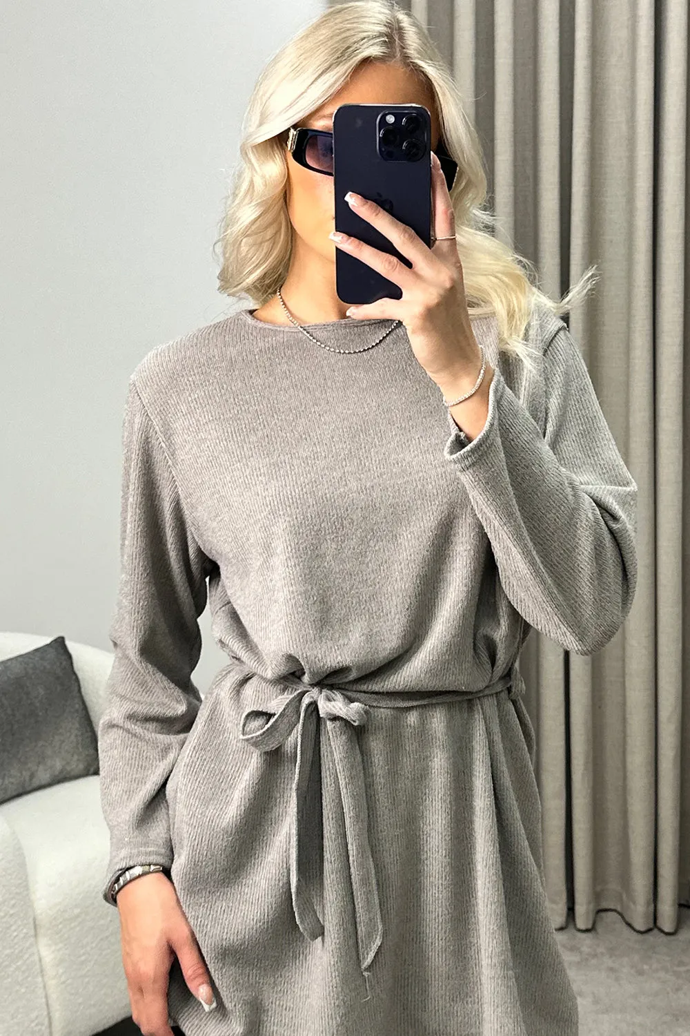 Kourtney Grey Tie Belted Top and Trousers Knit Loungewear Set