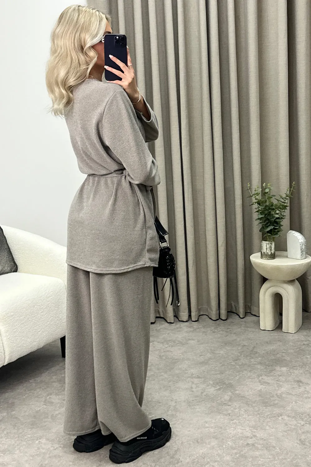 Kourtney Grey Tie Belted Top and Trousers Knit Loungewear Set