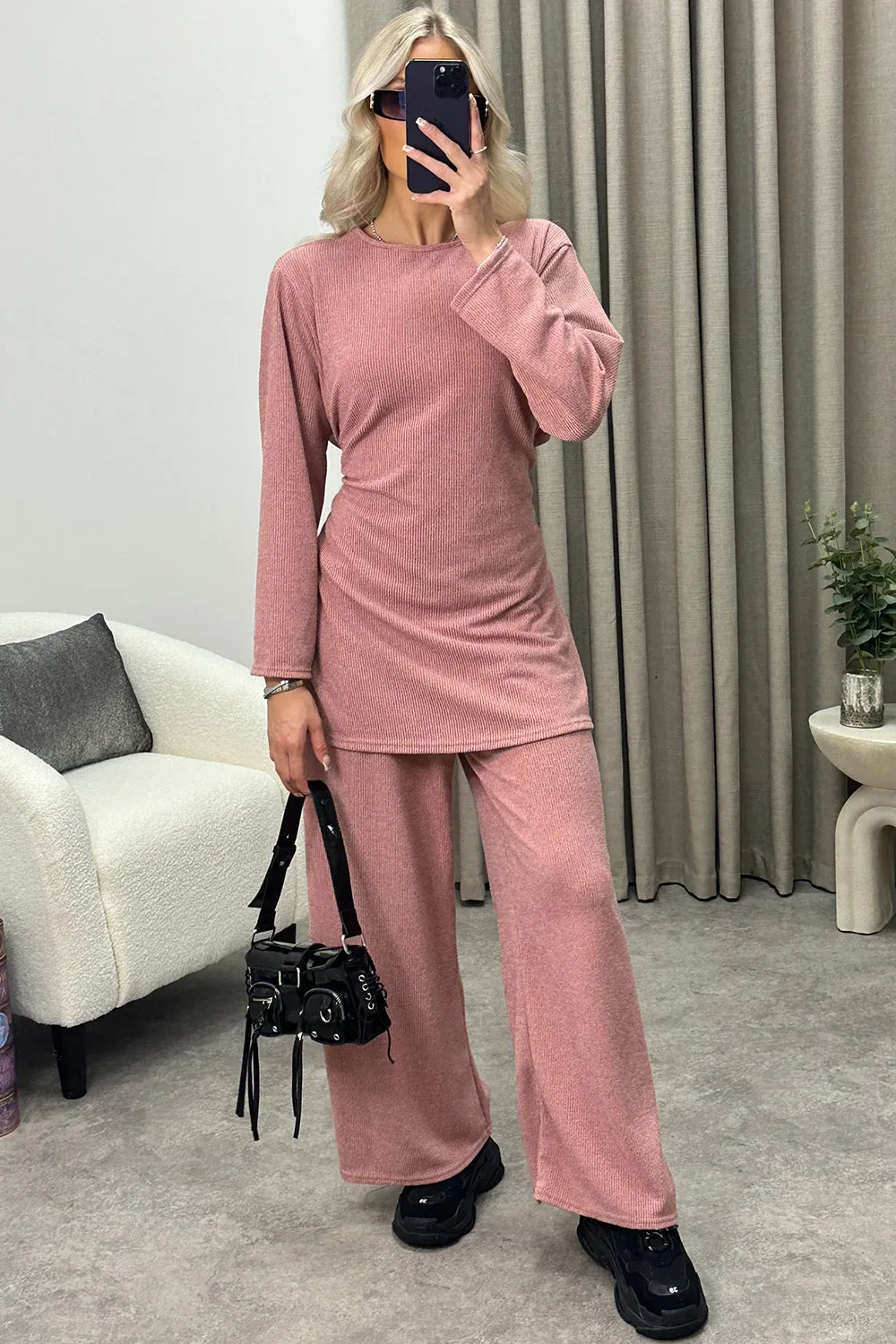 Kourtney Rose Tie Belted Top and Trousers Knit Loungewear Set