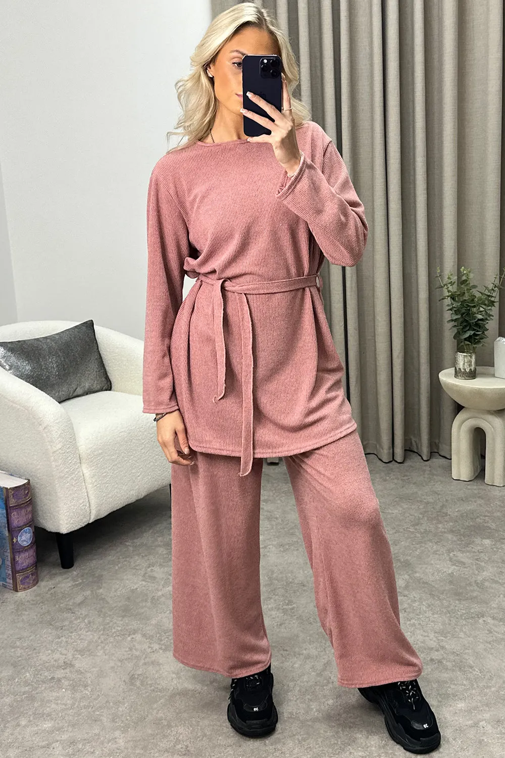 Kourtney Rose Tie Belted Top and Trousers Knit Loungewear Set