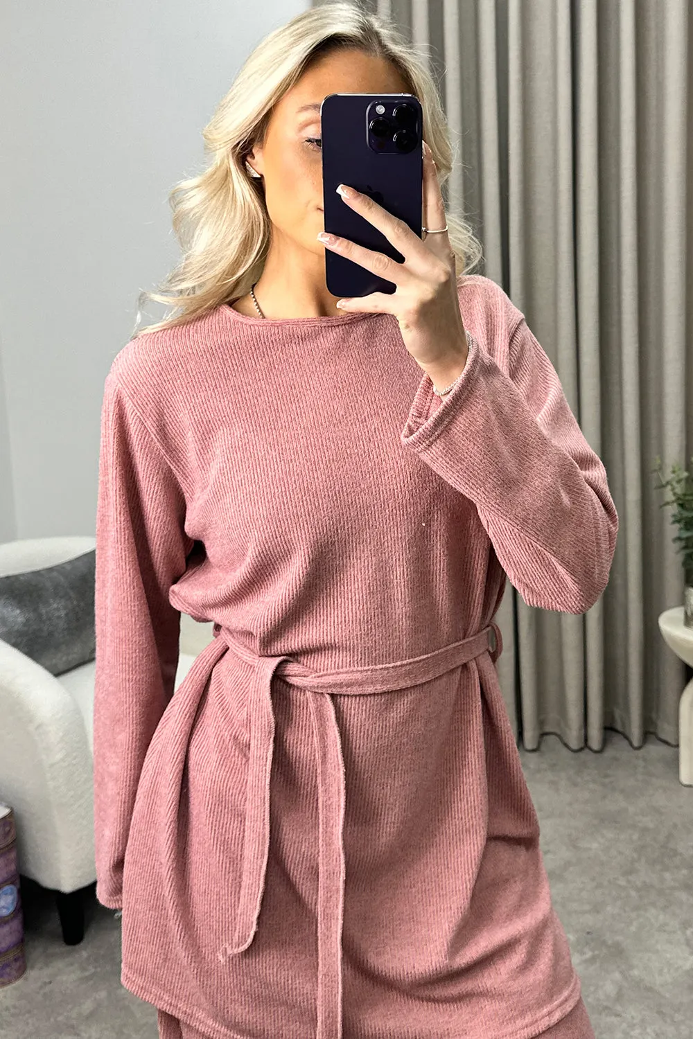 Kourtney Rose Tie Belted Top and Trousers Knit Loungewear Set