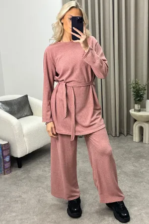 Kourtney Rose Tie Belted Top and Trousers Knit Loungewear Set