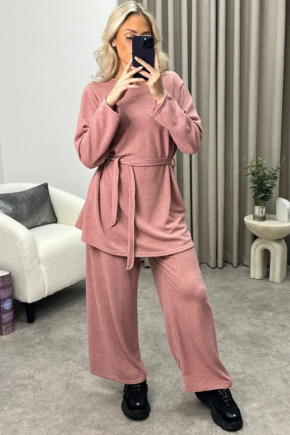 Kourtney Rose Tie Belted Top and Trousers Knit Loungewear Set
