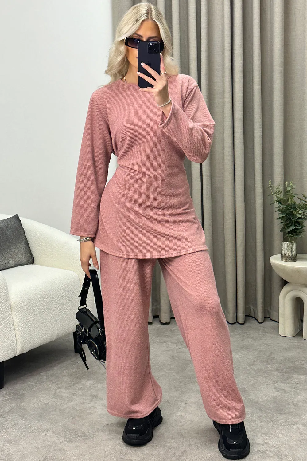 Kourtney Rose Tie Belted Top and Trousers Knit Loungewear Set