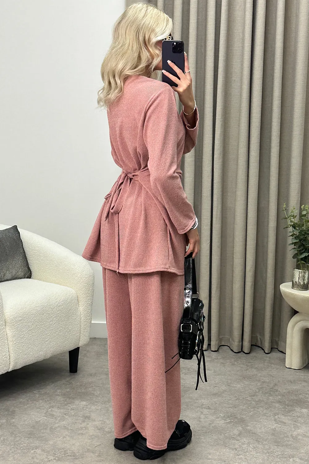 Kourtney Rose Tie Belted Top and Trousers Knit Loungewear Set