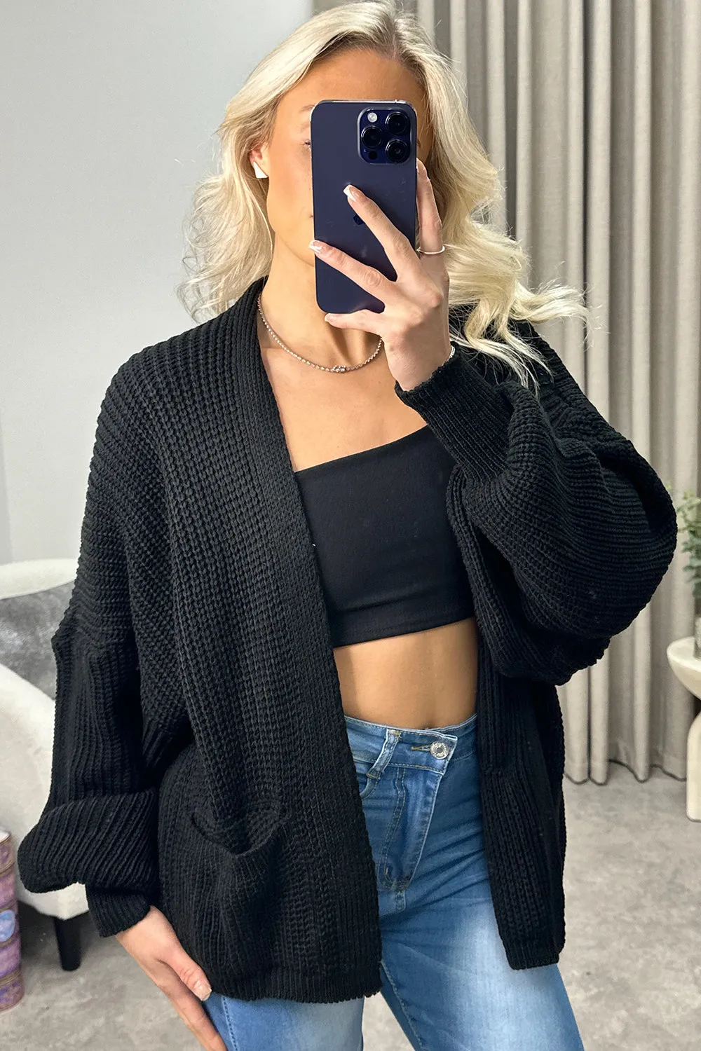 Lexa Black Balloon Sleeve Knitted Cardigan