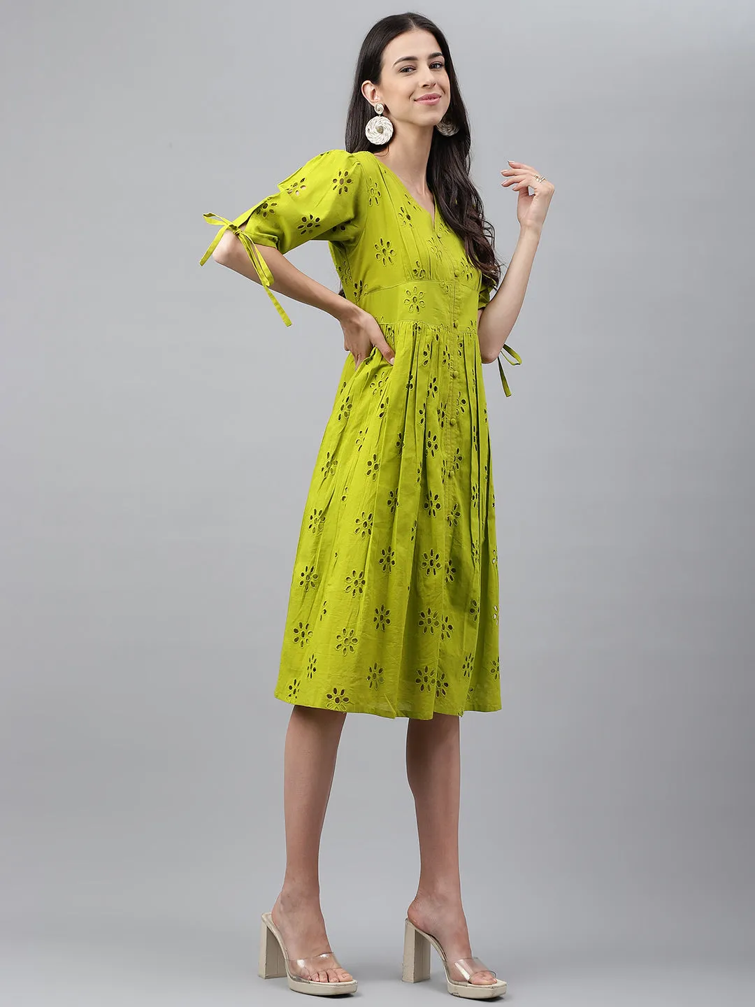 Lime Green Cotton Schiffli Casual Flare Dress