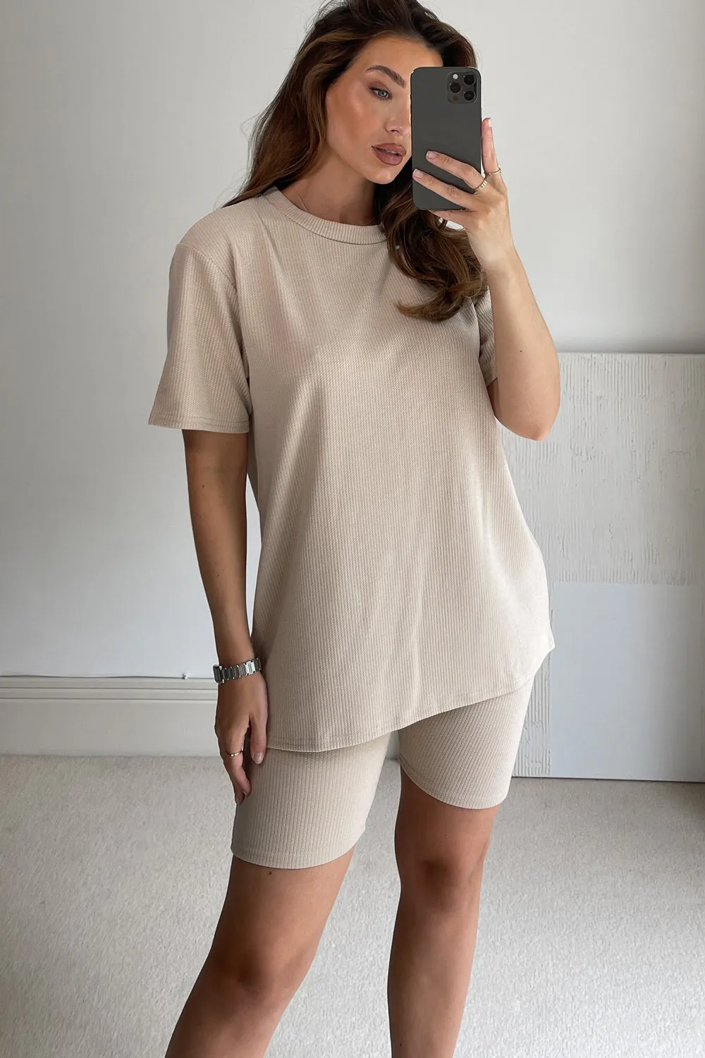 Lissy Beige Ribbed Oversized T-Shirt & Shorts Co-Ord Set
