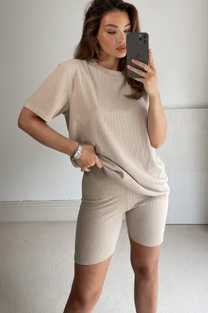 Lissy Beige Ribbed Oversized T-Shirt & Shorts Co-Ord Set