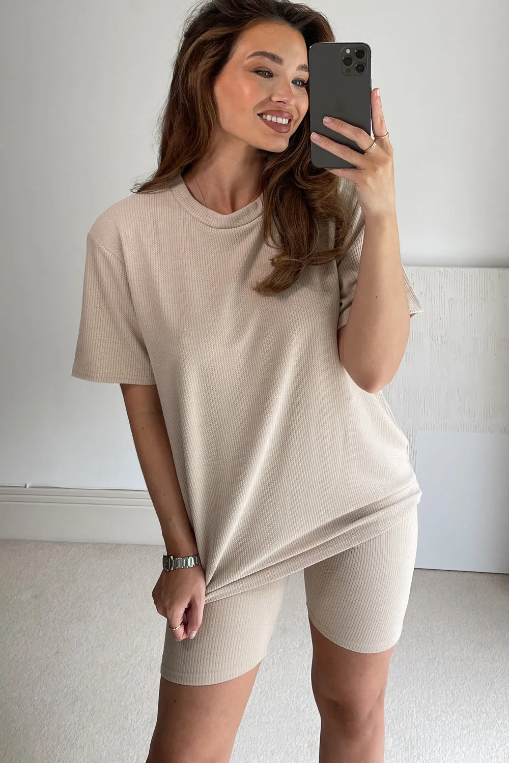 Lissy Beige Ribbed Oversized T-Shirt & Shorts Co-Ord Set