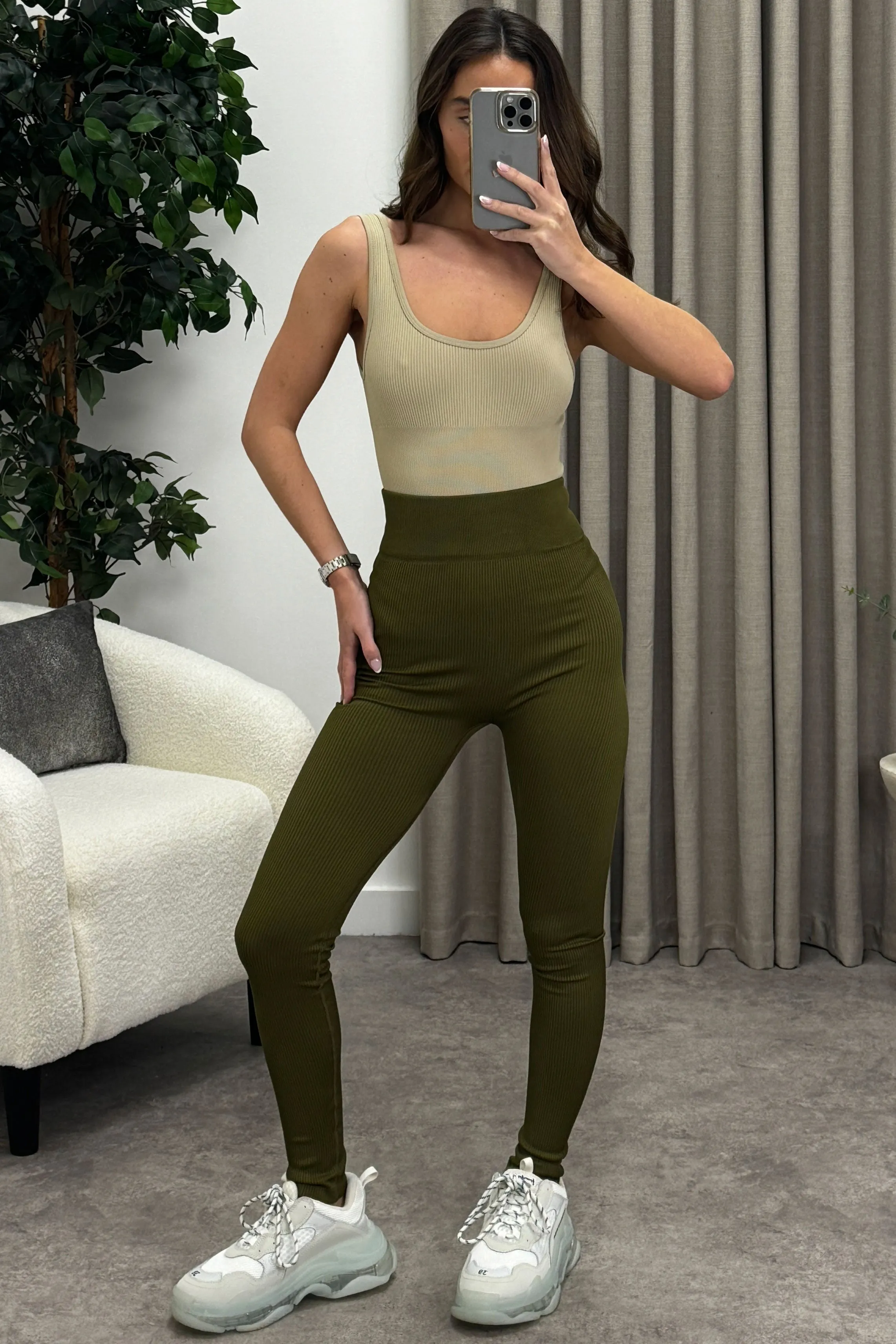 Megs Khaki Ribbed High Waisted Gym Leggings