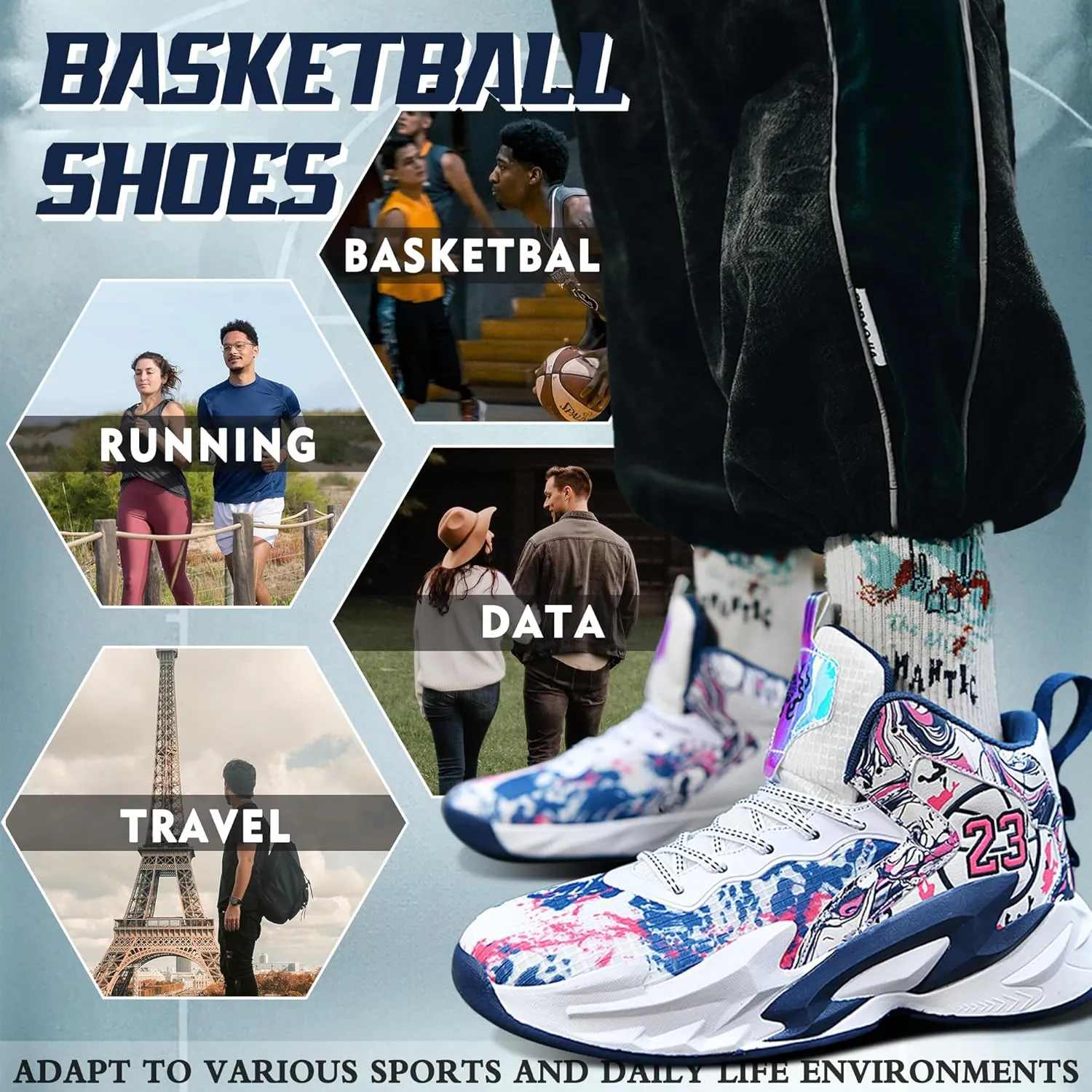 Men's Basketball Shoes Breathable Anti Slip Fashionable Graffiti Training Shoes Outdoor Shoes