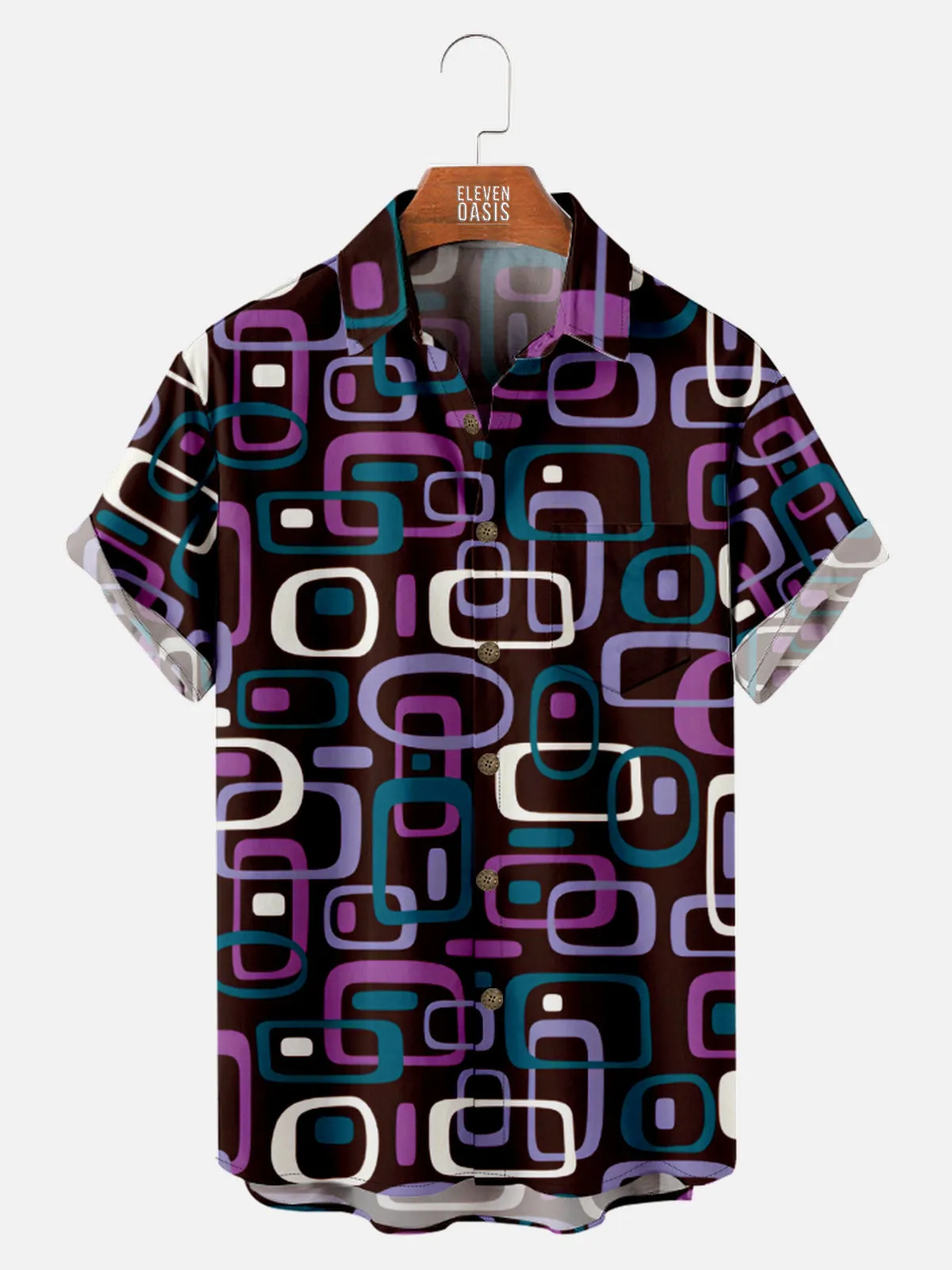 Men's Iconic 70s Pattern in Purple Short Sleeve Shirt