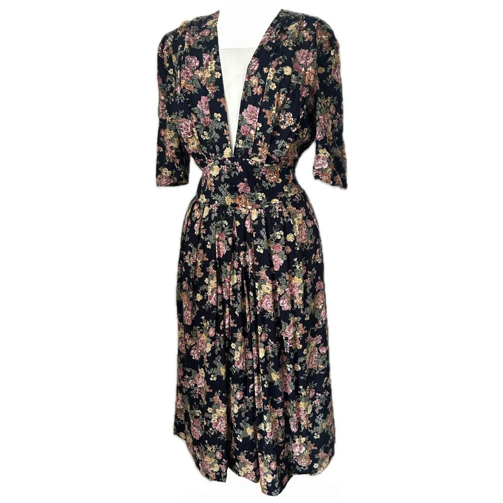 Midnight blue floral vintage 1980s-does-1940s day dress