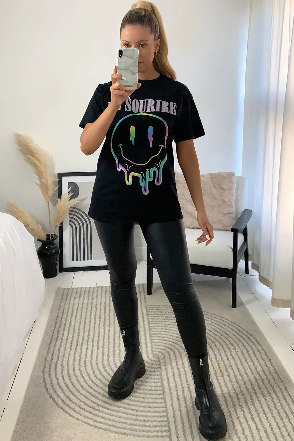 Mindy Black Le Sourire Graphic Printed T-Shirt