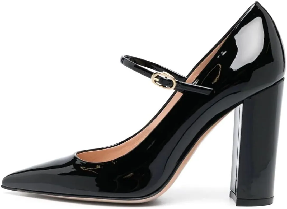 miss left Women's Retro Closed Pointy Toe Mary Jane Pumps Slender Ankle Strap Chunky High Heels Cute Dressy Dance Ballroom Shoes Size 4-16 US